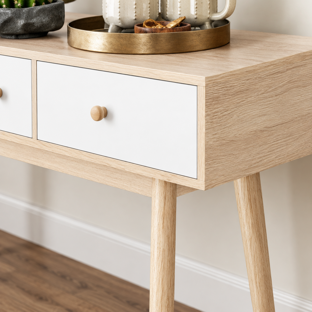 Console Cuizy chêne et blanc 2 tiroirs pieds bois vue rapprochée des matériaux