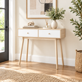 Console Cuizy chêne et blanc 2 tiroirs pieds bois en entrée lumineuse
