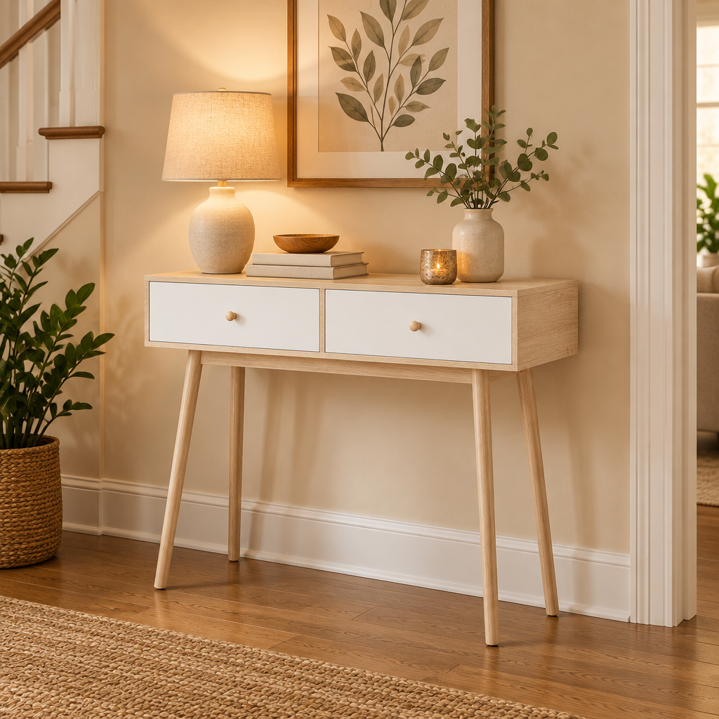 Console Cuizy chêne et blanc 2 tiroirs pieds bois dans un couloir décoré