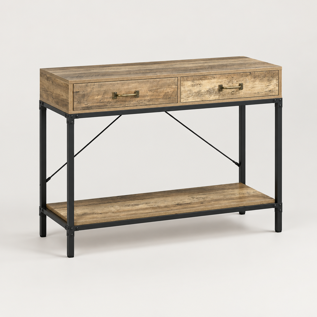 Console Cuizy industrielle 2 tiroirs aspect bois sur fond clair
