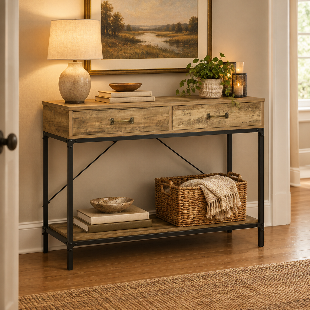 Console Cuizy industrielle 2 tiroirs aspect bois dans un couloir décoré
