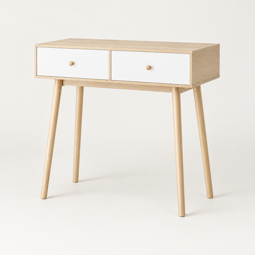Console Cuizy chêne et blanc 2 tiroirs pieds bois sur fond clair