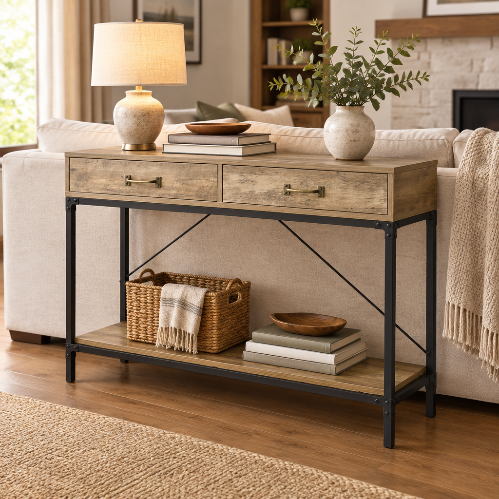 Console Cuizy industrielle 2 tiroirs aspect bois derrière un canapé dans le salon
