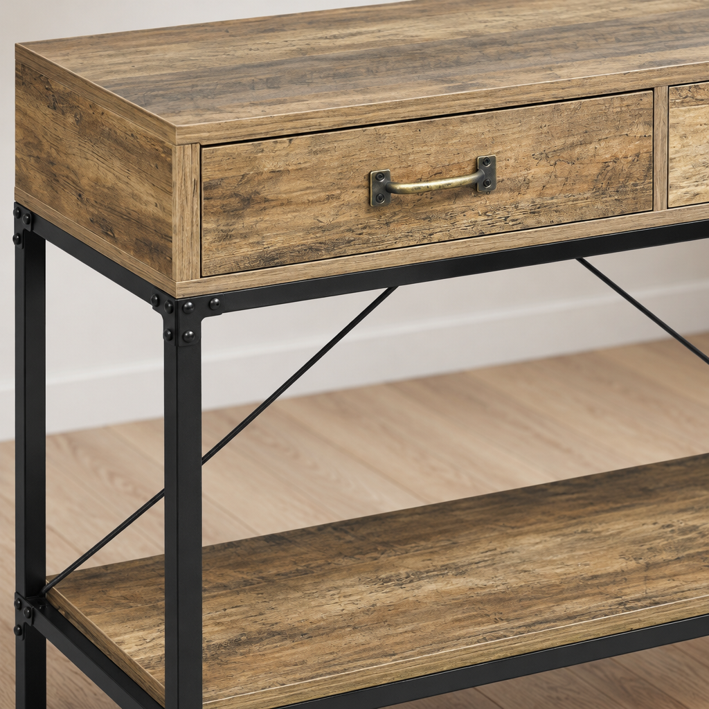 Console Cuizy industrielle 2 tiroirs aspect bois vue rapprochée des matériaux