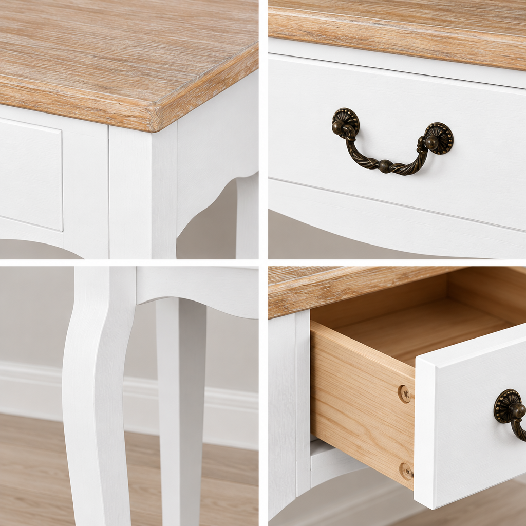 Console Cuizy blanche style mexicain 2 tiroirs vue rapprochée des matériaux