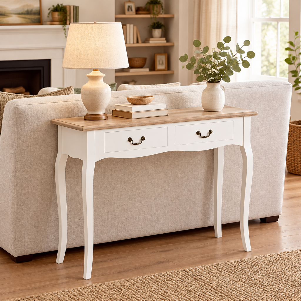 Console Cuizy blanche style mexicain 2 tiroirs derrière un canapé dans le salon