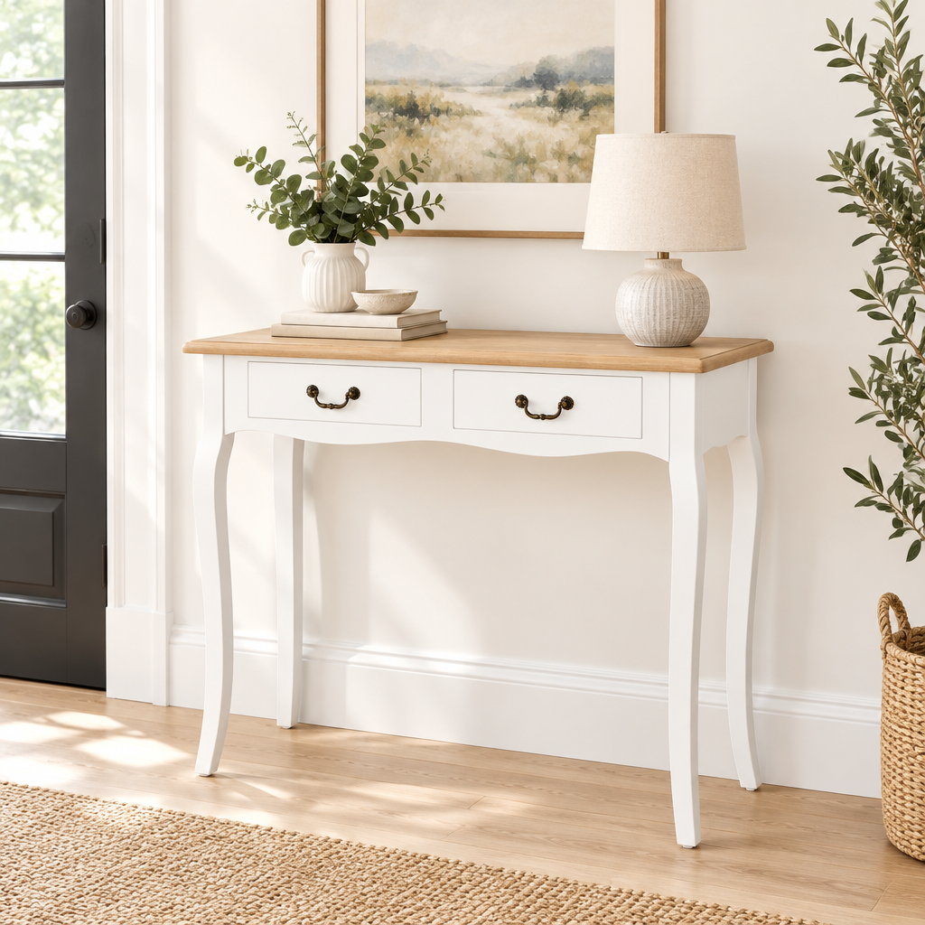 Console Cuizy blanche style mexicain 2 tiroirs en entrée lumineuse