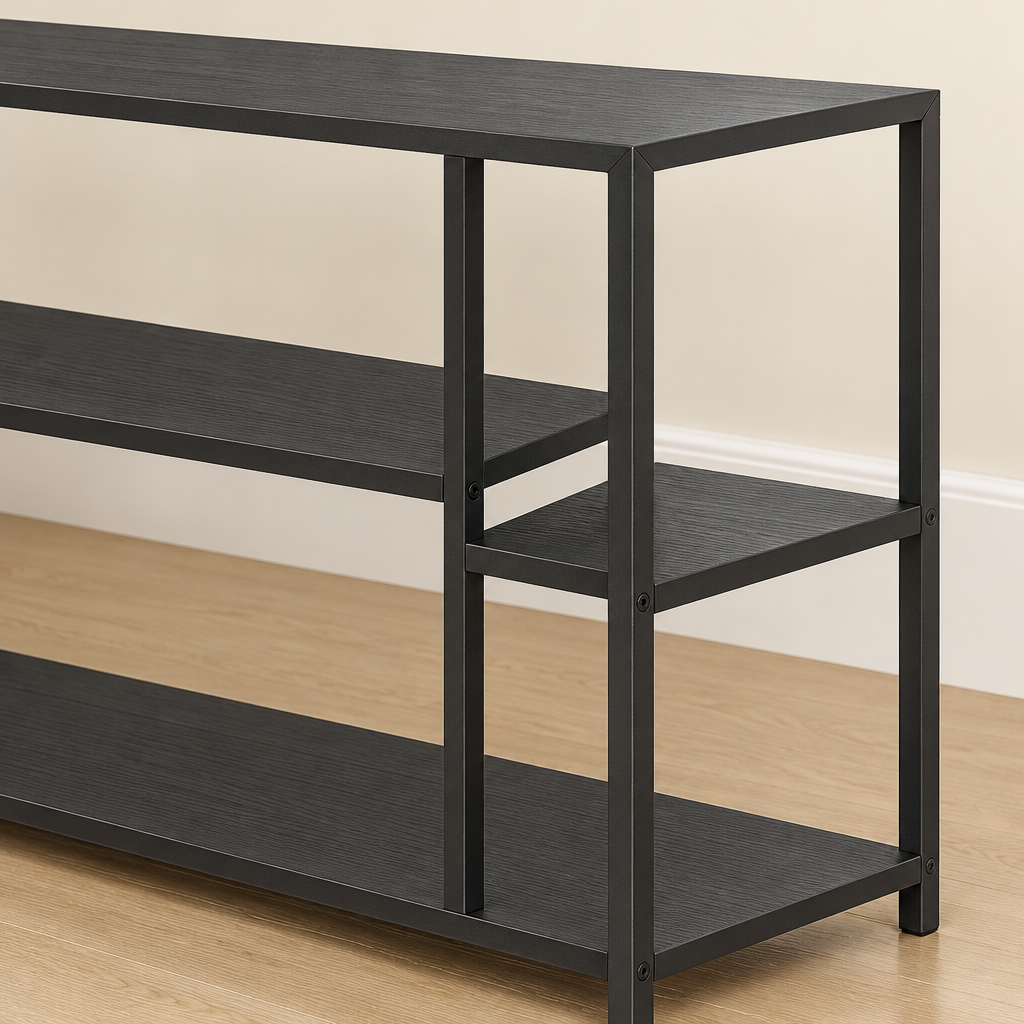 Console Cuizy industrielle noire 4 niveaux vue rapprochée des matériaux