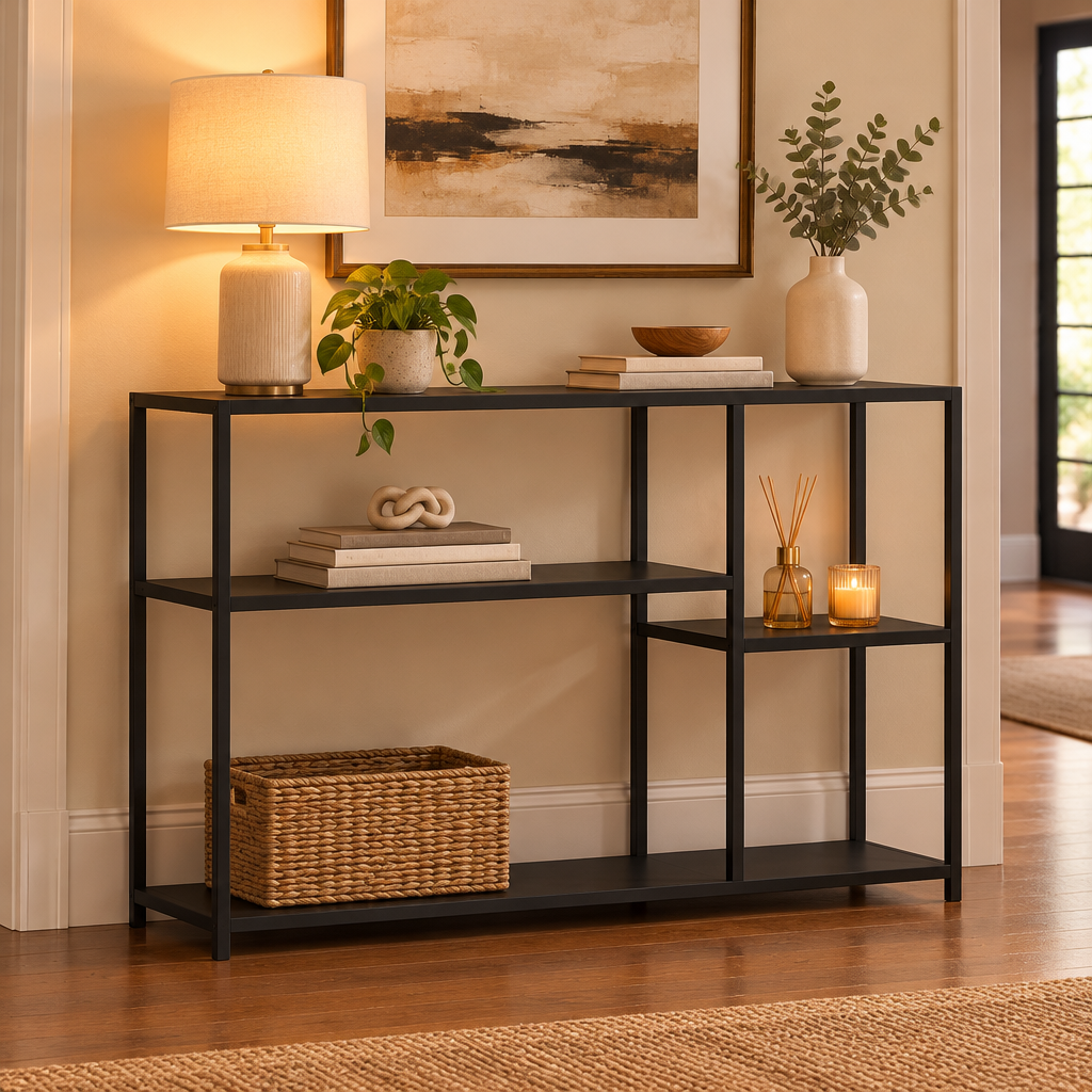 Console Cuizy industrielle noire 4 niveaux dans un couloir décoré