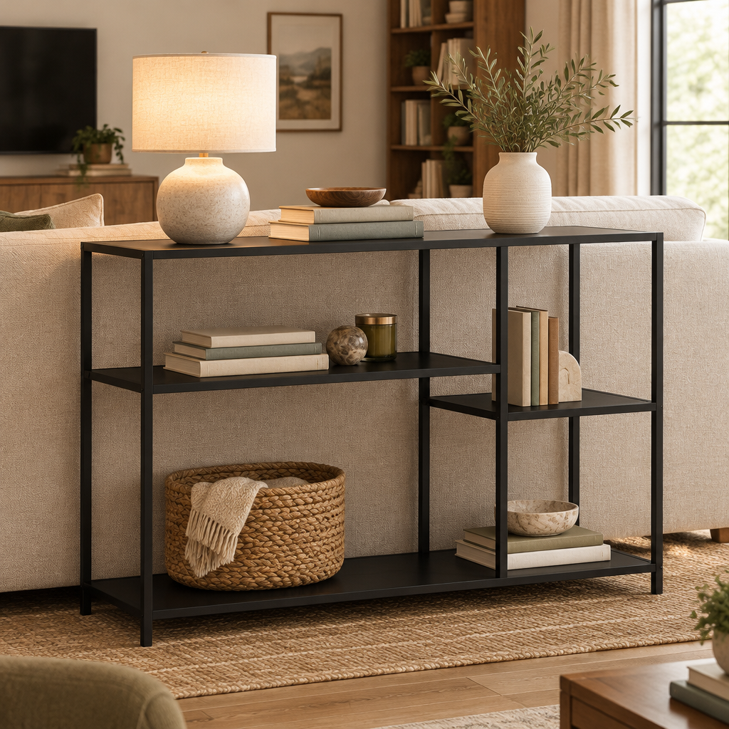 Console Cuizy industrielle noire 4 niveaux derrière un canapé dans le salon
