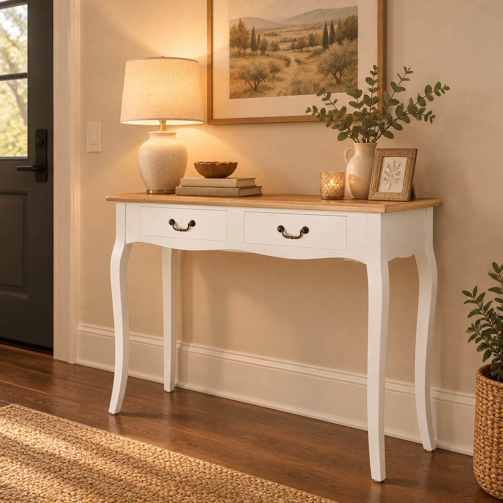 Console Cuizy blanche style mexicain 2 tiroirs dans un couloir décoré