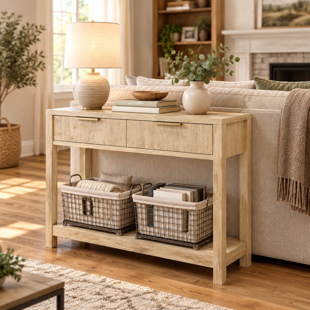 Console Cuizy bois naturel 2 tiroirs rainurés derrière un canapé dans le salon