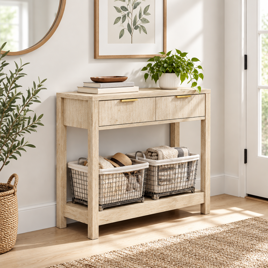 Console Cuizy bois naturel 2 tiroirs rainurés en entrée lumineuse