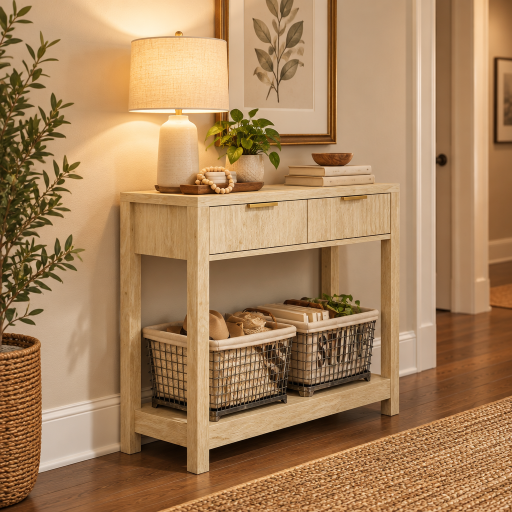 Console Cuizy bois naturel 2 tiroirs rainurés dans un couloir décoré