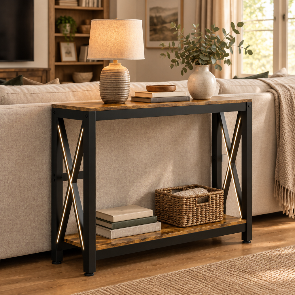 Console Cuizy industrielle avec prises et USB derrière un canapé dans le salon