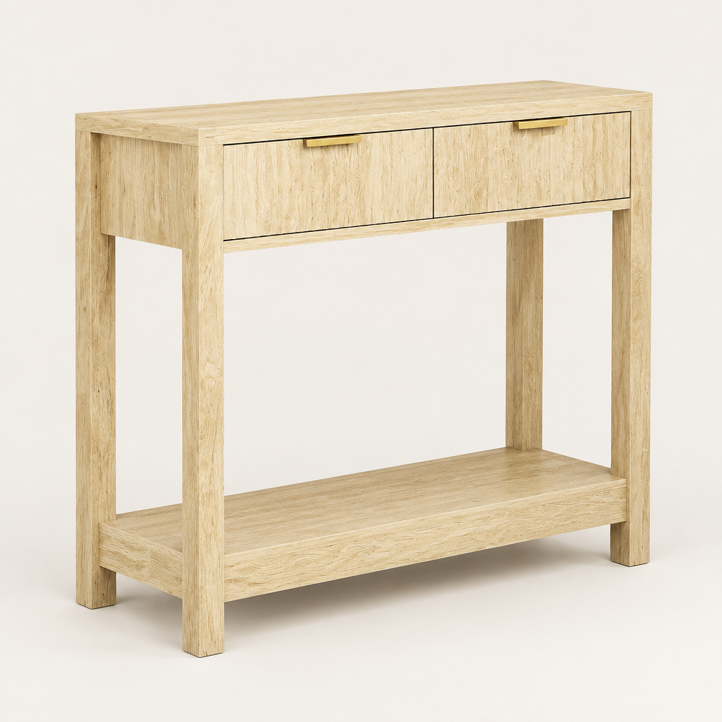 Console Cuizy bois naturel 2 tiroirs rainurés sur fond clair