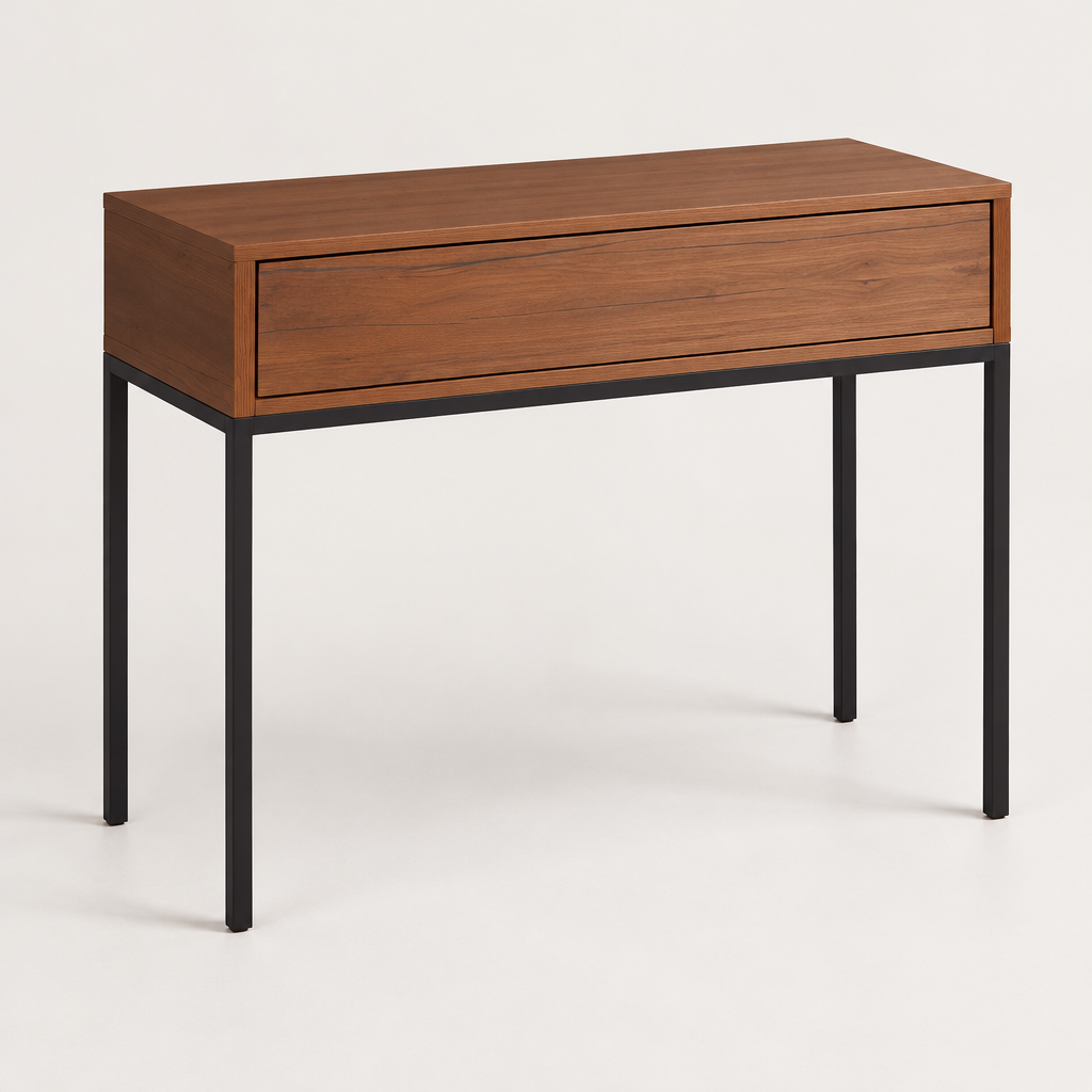 Console Cuizy marron avec tiroir pieds acier sur fond clair