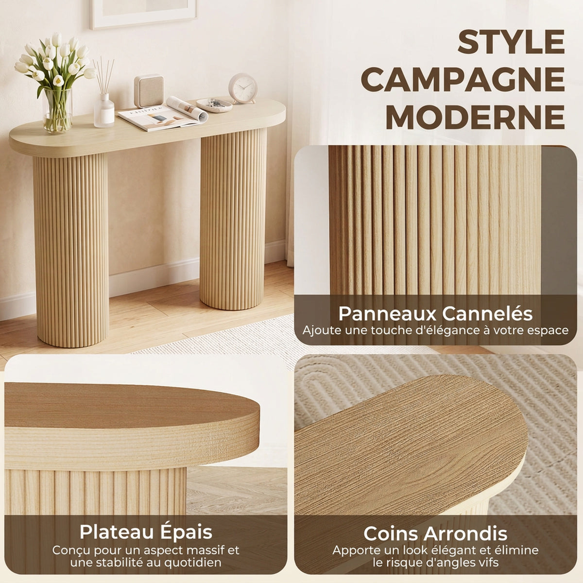 Table Console Cannelée, Rangement Dissimulé, Pieds Colonnes, Style Rustique, Console d'Entrée Étroite, 103x35x80cm Chêne