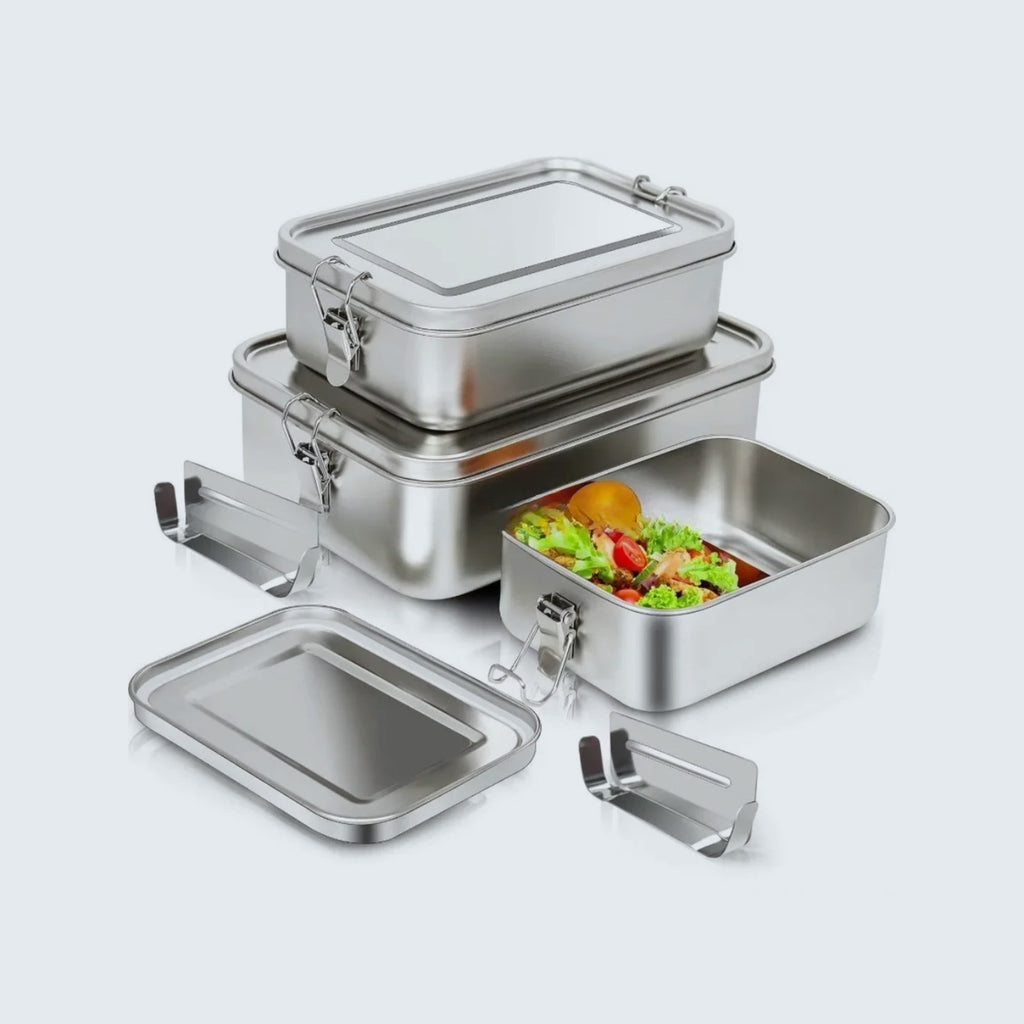 Boîte repas en inox avec fermoirs Cuizy Tiffin sur fond neutre