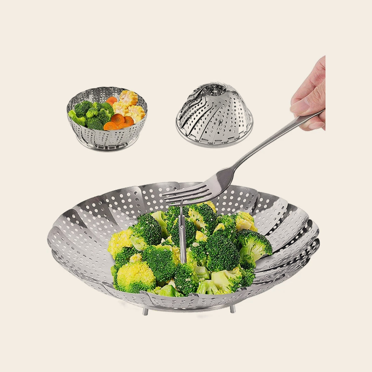 Panier vapeur inox extensible et pliable sur fond neutre