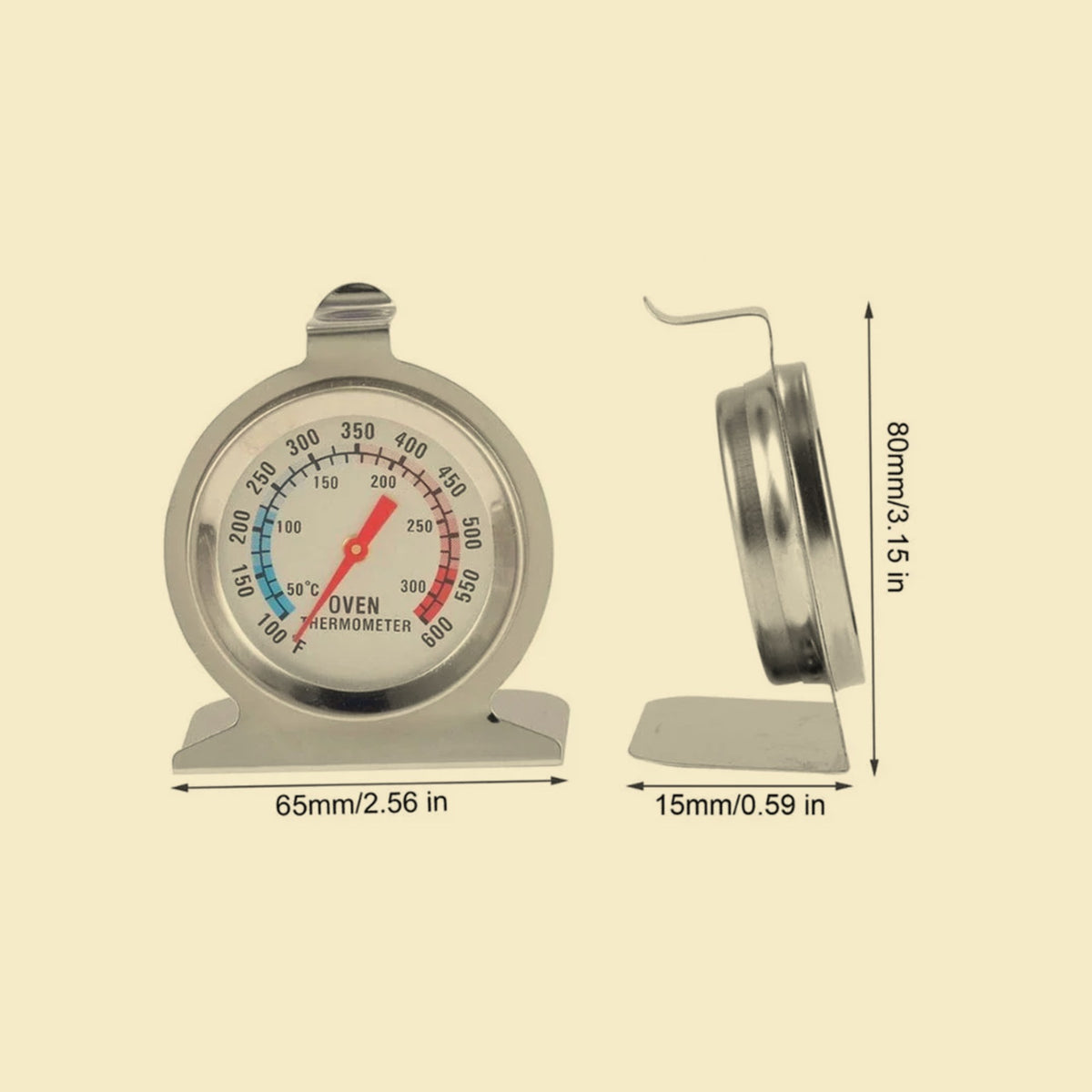 Thermomètre de four à cadran en inox 50-300 °C sur fond neutre
