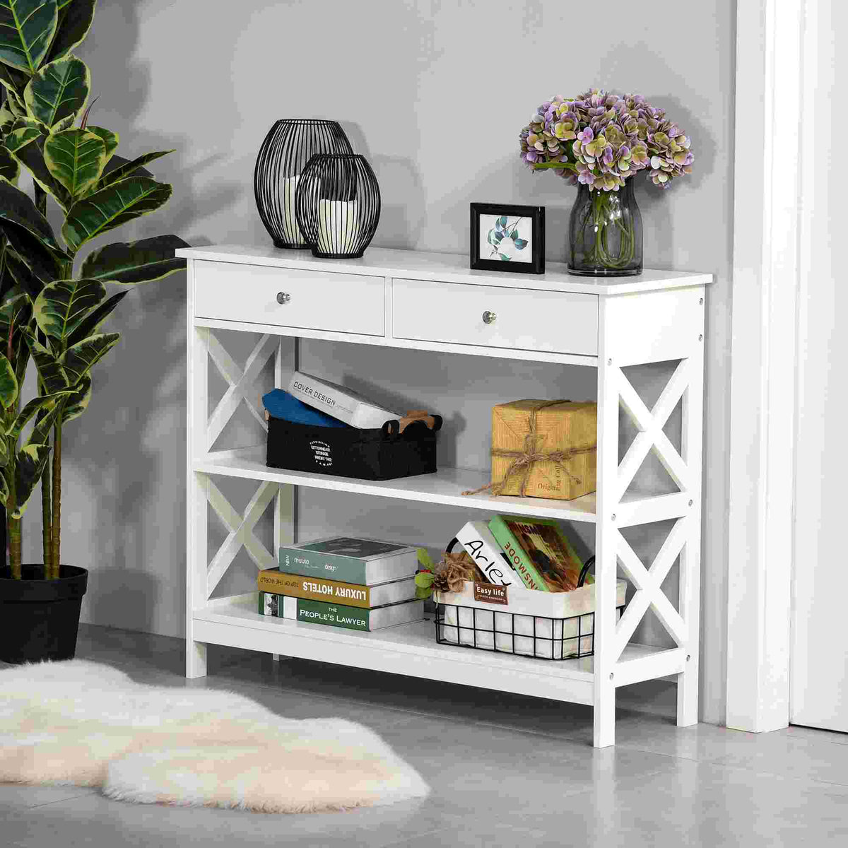 Table de console table d'entrée style table de drapier néo-rétro 2 tiroirs 2 étagères dim. 100L x 30,5l x 80H cm en bois blanc