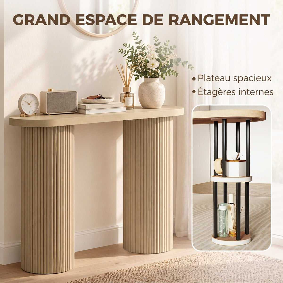 Table Console Cannelée, Rangement Dissimulé, Pieds Colonnes, Style Rustique, Console d'Entrée Étroite, 103x35x80cm Chêne