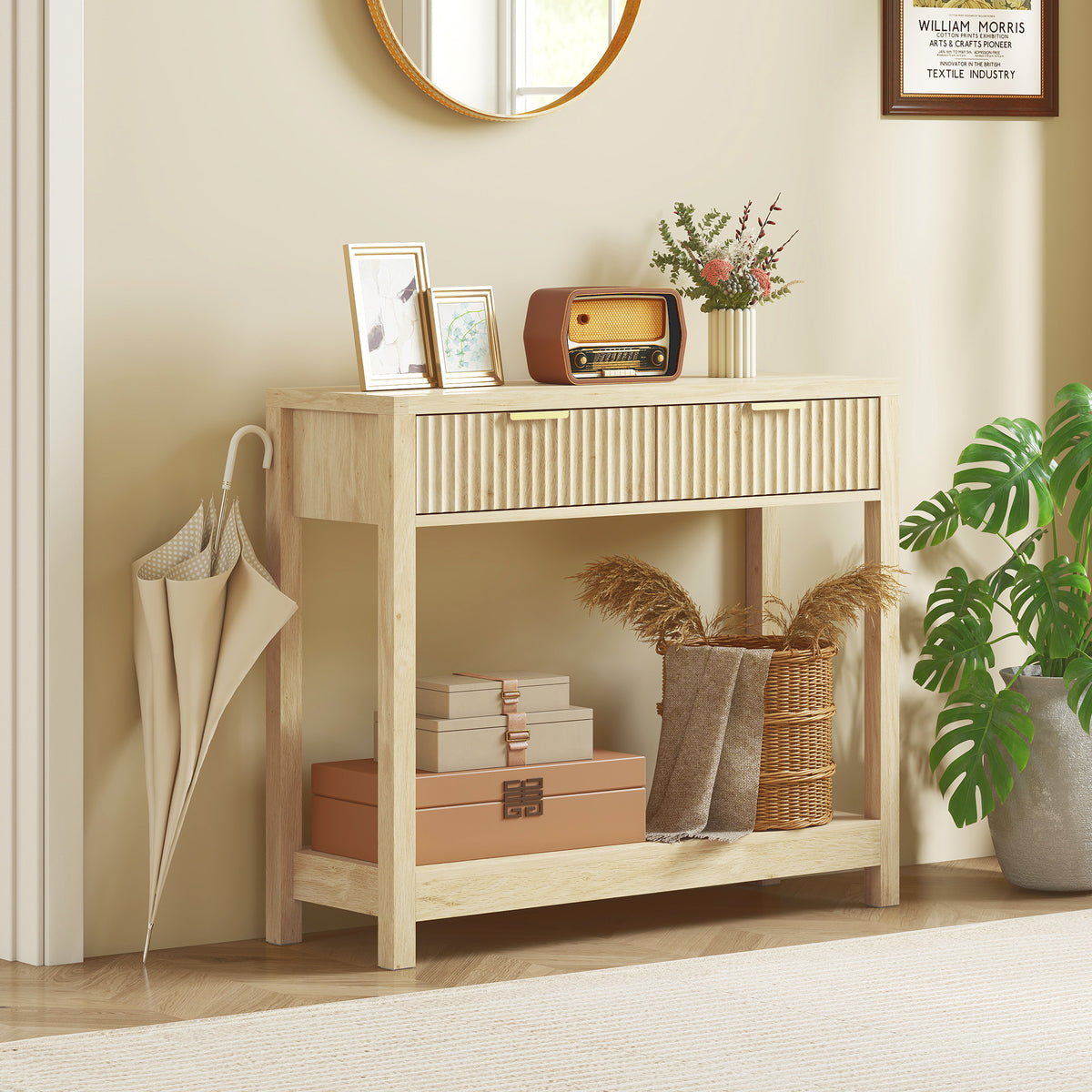 Console meuble 90 cm, table console étroite avec 2 tiroirs rainurés et étagère, style moderne, bois naturel
