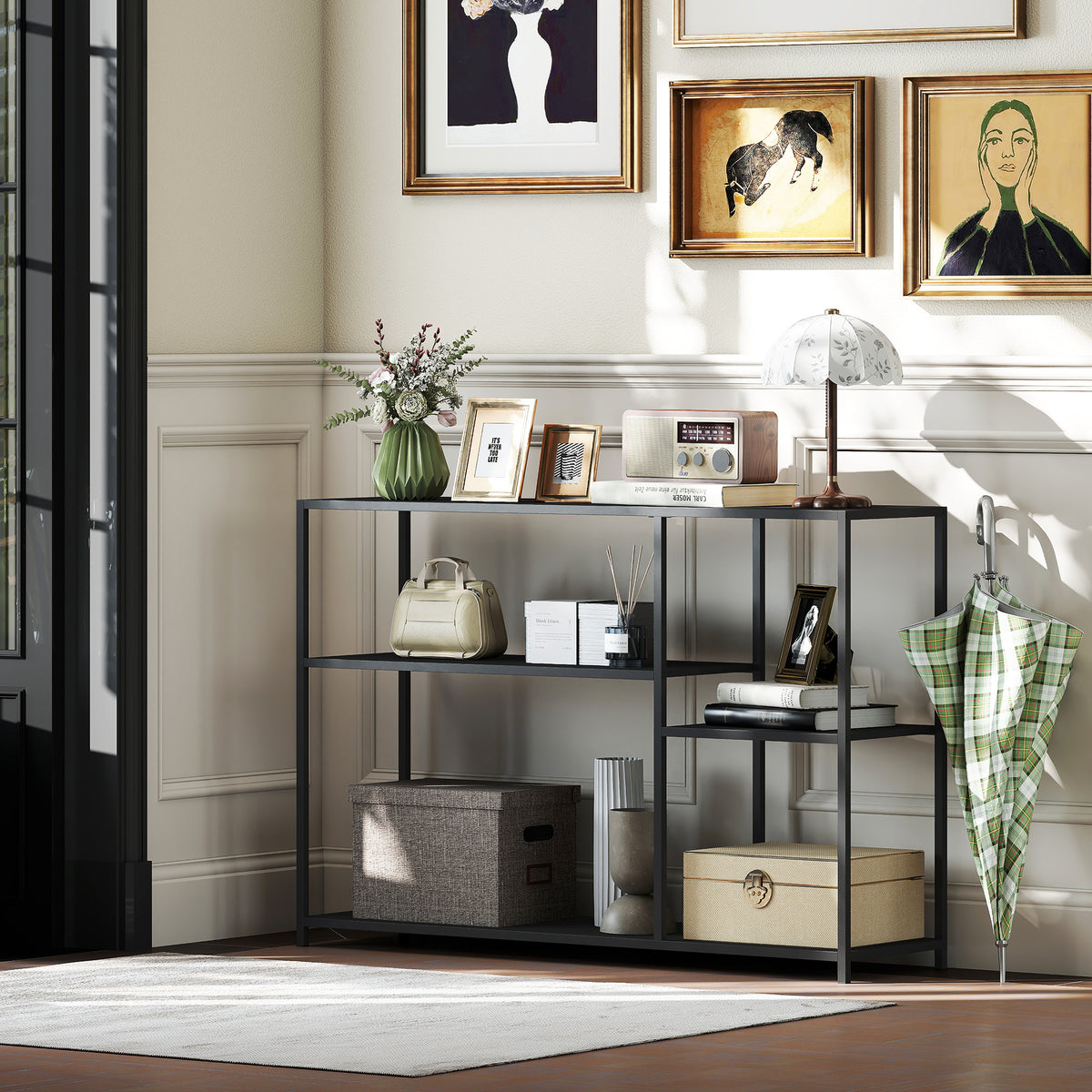 Console meuble étroite à 4 niveaux style industriel cadre en acier, 110 x 30 x 75 cm, noir
